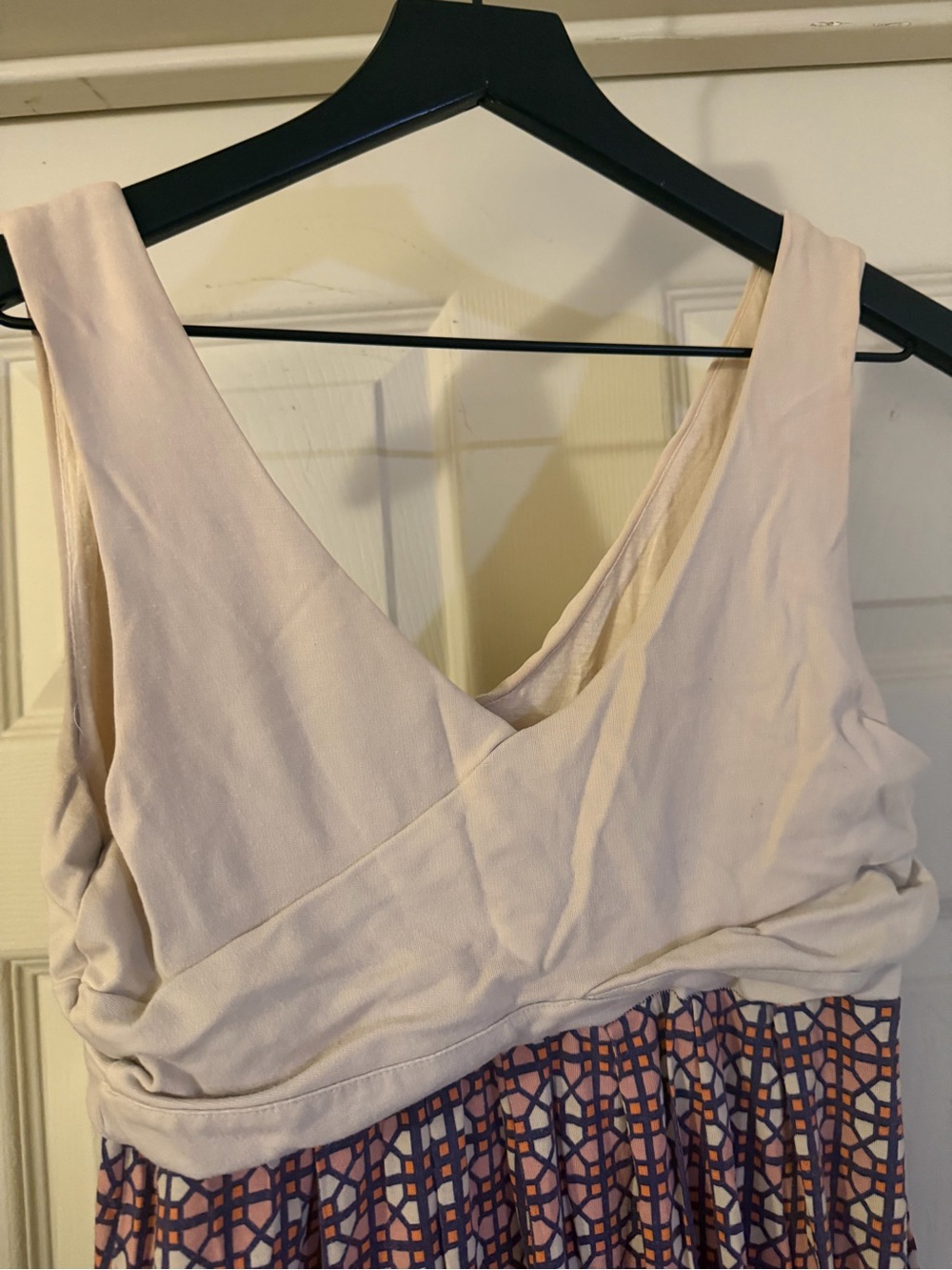 Anthropologie Maeve Beige Wrap-Top Maxi Skirt Dress with Burgundy Geometric - Picture 4 of 8